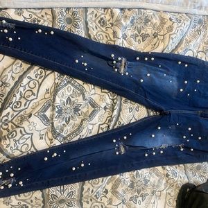 Pearl encrusted high rise skinny jeans